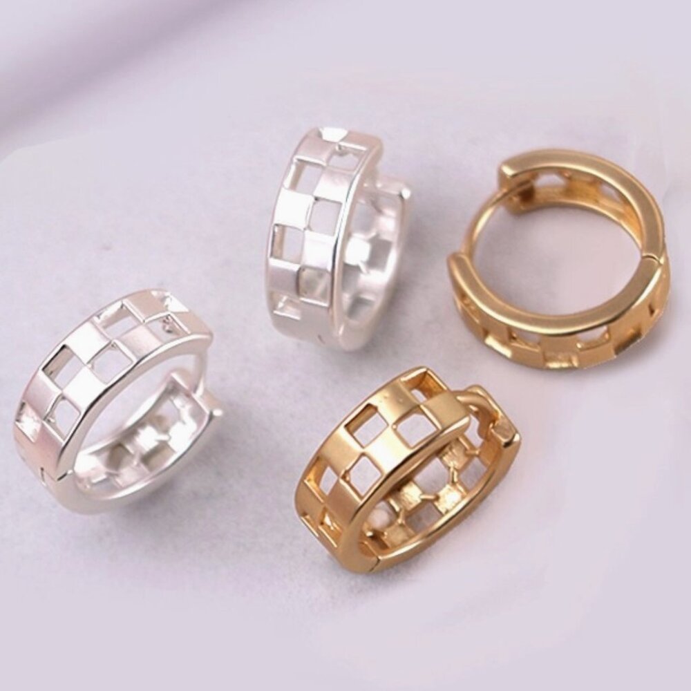 Mini Cutout Checker Hoop Huggie Earrings in Gold or Silver